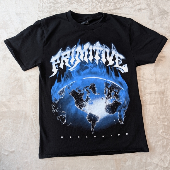 Primitive Other - Primitive Worldwide Skateboard Black Blue Graphic Metal Punk Tee Alt Shirt Sz S